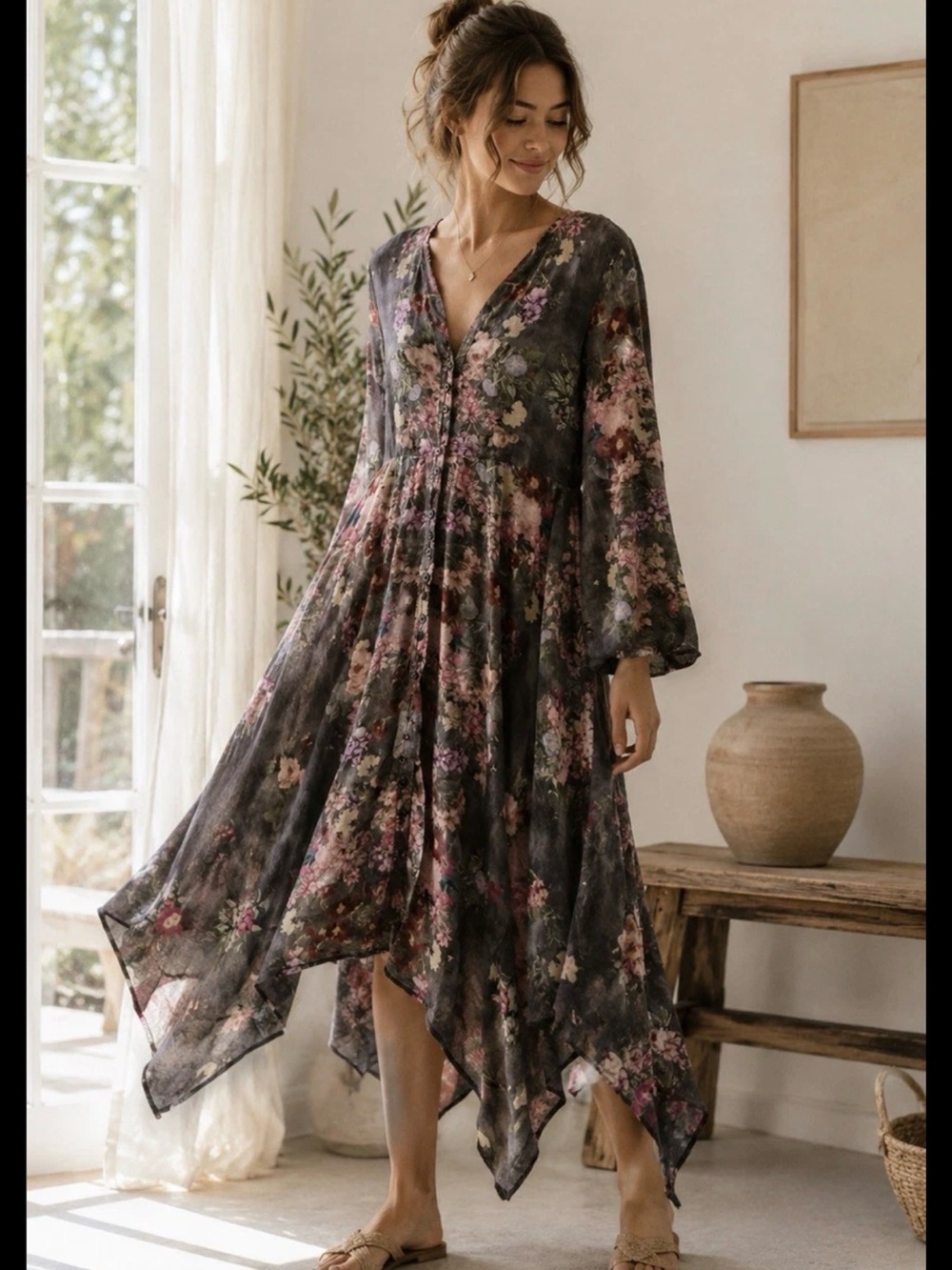 Feathers by Tolani floral button up maxi dress duster size medium